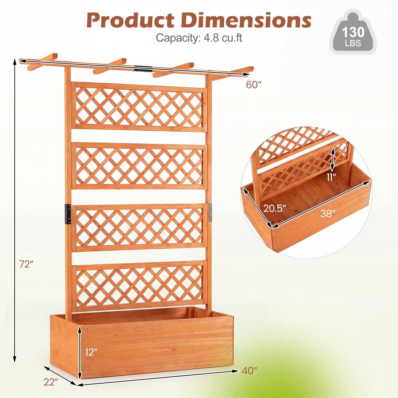 Product Dimensions  
Capacity: 4.8 cu.ft  
Weight Capacity: 130 LBS  

Dimensions:  
- Height: 72"  
- Width: 40"  
- Depth: 22"  
- Shelf Depth: 20.5"  
- Shelf Height: 11"  
- Overall Height: 60"