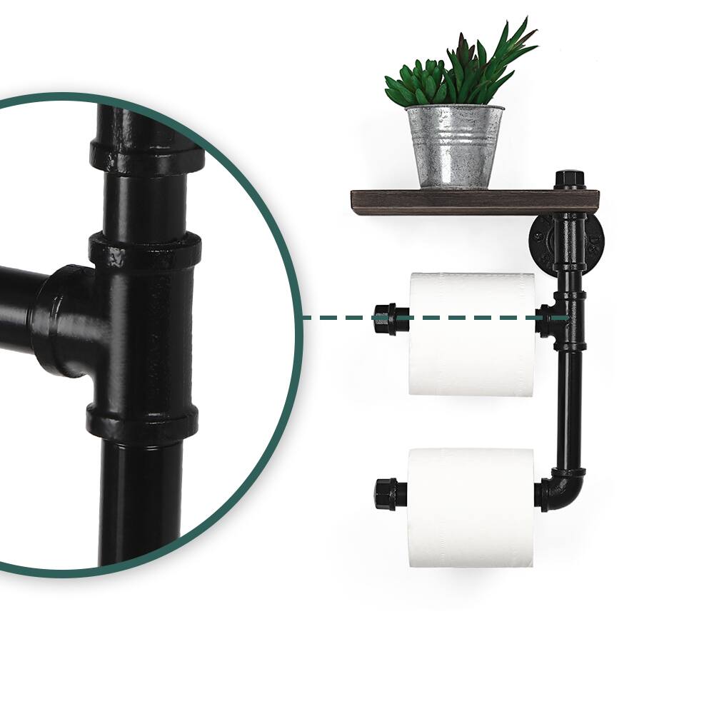Left. Oumilen - Industrial Pipe Double Toilet Paper Holder with Dark Brown Shelf – Wall Mounted 2-Roll Tissue Rack.