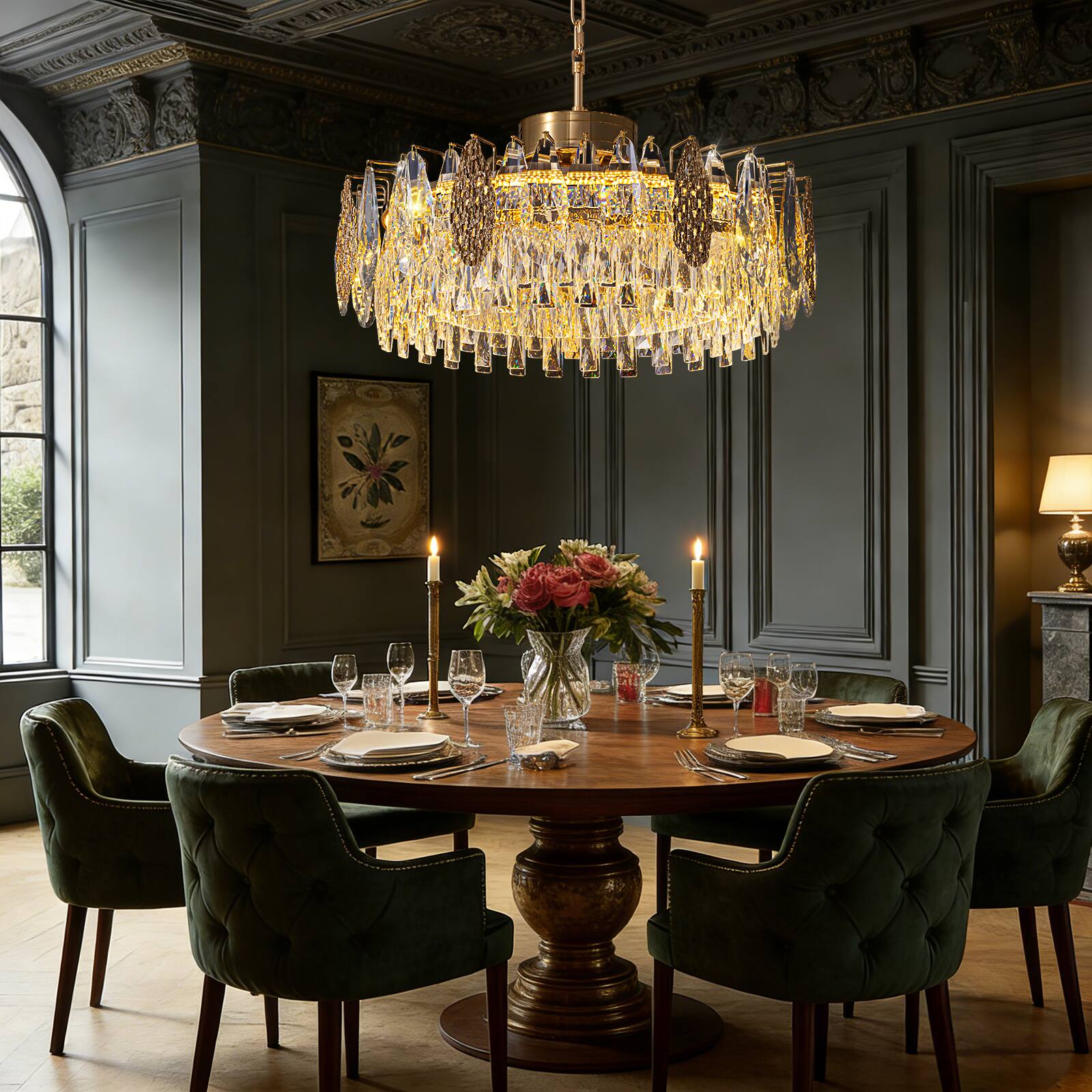 Angle. Siljoy - 23.6" Gold K9 Crystal Chandelier, Modern French Dimmable LED Pendant Light for Dining Kitchen Living Room - Gold.