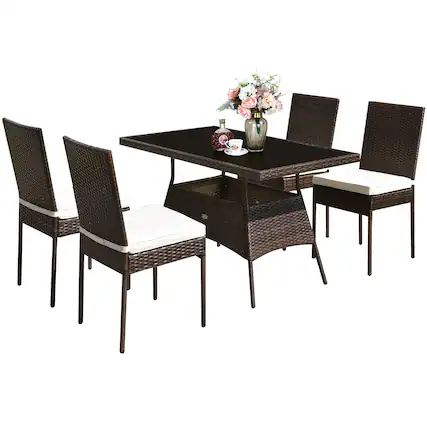 Front. Costway - 5 PCS Patio Rattan Dining Set Glass Table High Back Chair Garden Deck - mix brown.