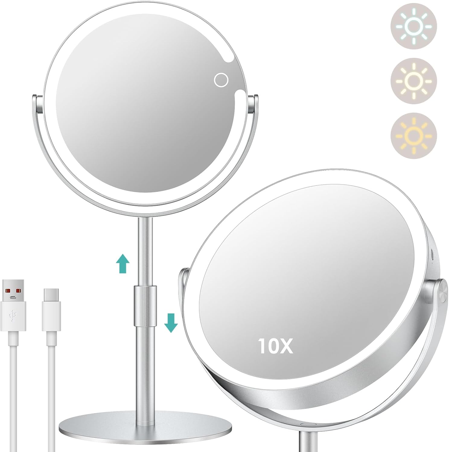 Front. Stamp n Camp - Dear girl Lighted Magnifying Mirror 10X 1X Magnification, Double Sided Makeup Mirror, Rechargeable LED Beauty with 3 - Silver.