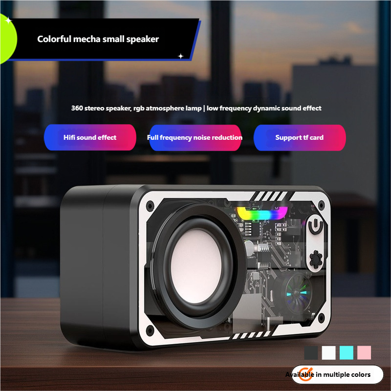 Colorful mecha small speaker  
360 stereo speaker, rgb atmosphere lamp | low frequency dynamic sound effect  
Hifi sound effect  
Full frequency noise reduction  
Support tf card  
Available in multiple colors