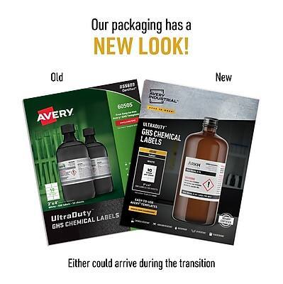 Our packaging has a NEW LOOK!

Old
AVERY BSS60S
AVERY INDUSTRIAL 60505
ULTRADUTY GHS CHEMICAL LABELS

New
ARKH
UltraDuty GHS CHEMICAL LABELS

Either could arrive during the transition
