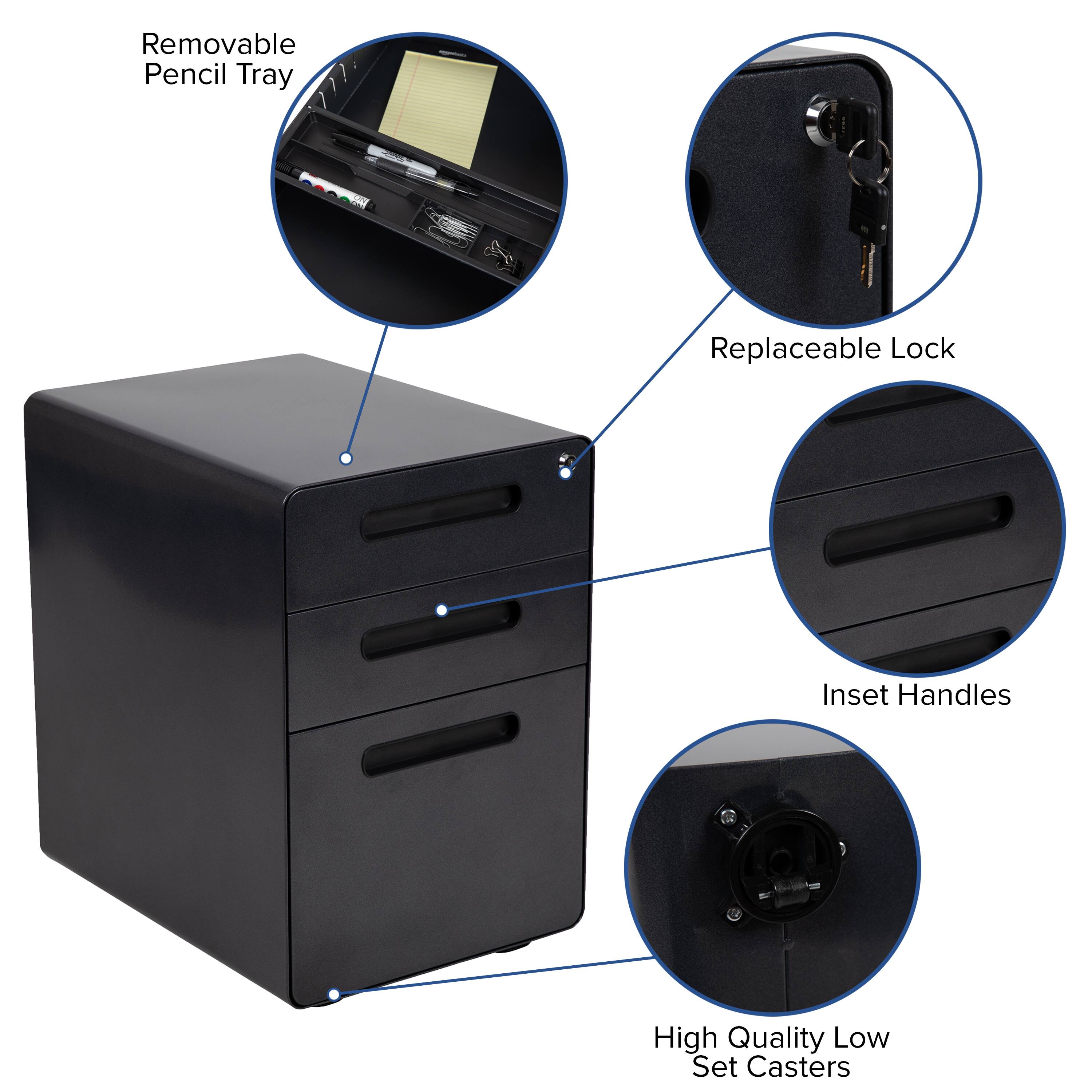 Removable Pencil Tray  
Replaceable Lock  
Inset Handles  
High Quality Low Set Casters