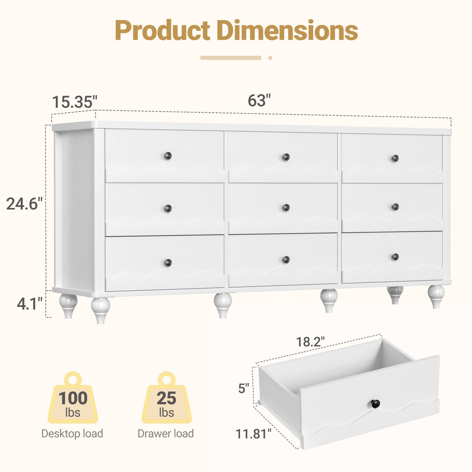 Product Dimensions: 15.35" x 63" x 24.6" x 4.1" x 18.2"  
Desktop load: 100 lbs  
Drawer load: 25 lbs  
Drawer dimensions: 11.81" x 5"
