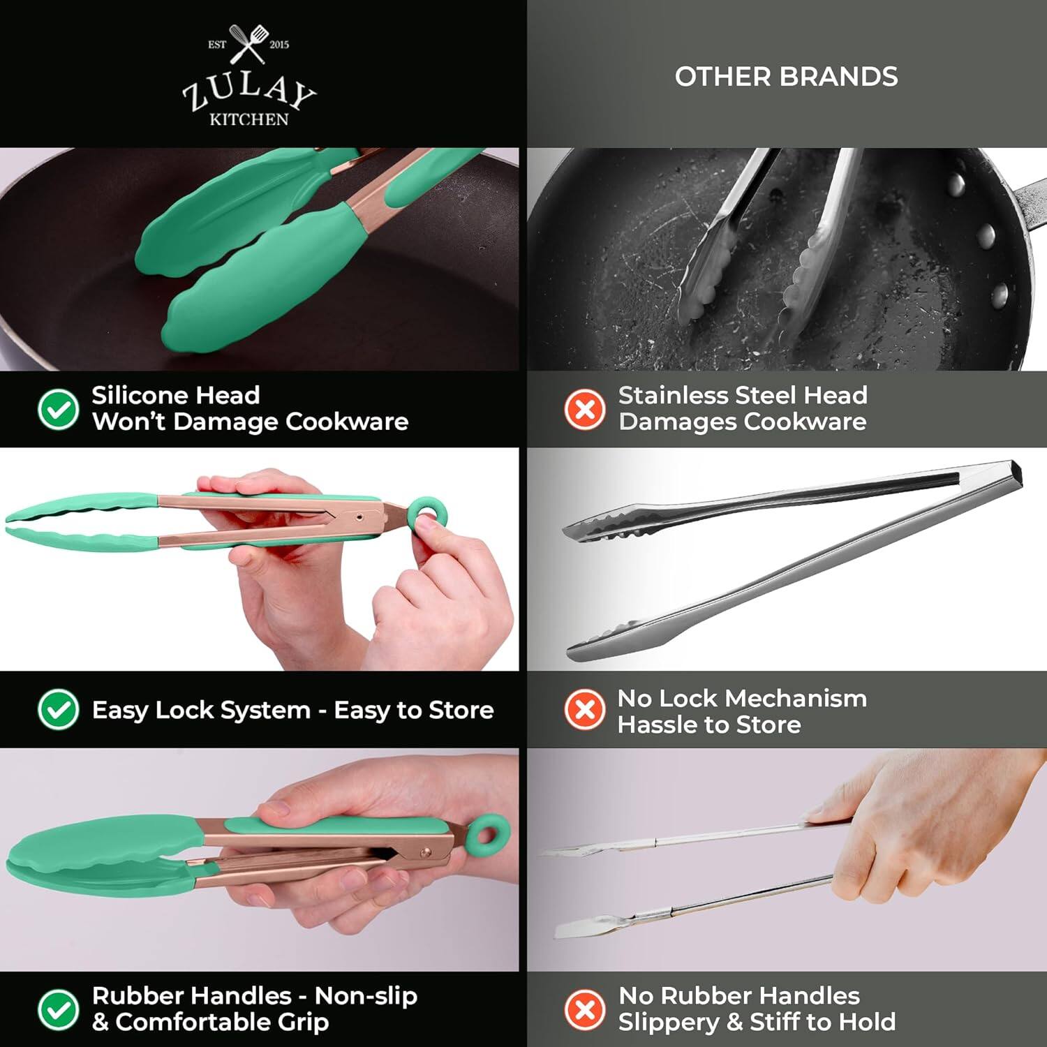 Zulay Kitchen, Other Brands, Silicone Head, Stainless Steel Head, Easy Lock System, No Lock Mechanism, Rubber Handles, No Rubber Handles