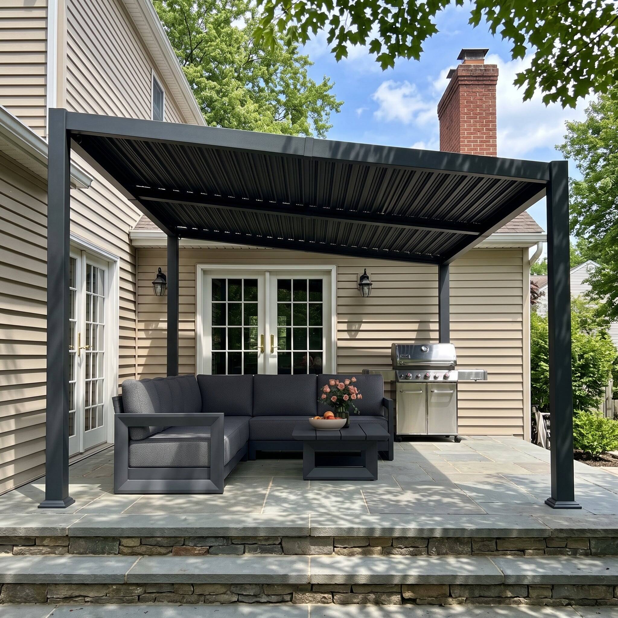 Angle. PURPLE LEAF - 10'×14' Louvered Pergola Slanted Roof Outdoor Aluminum Frame With Adjustable Rainproof roof for Patio Garden Yard - Gray.