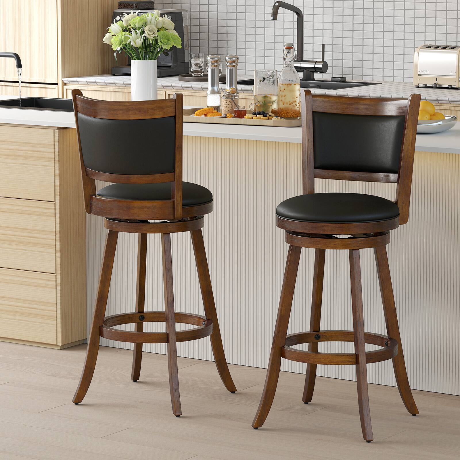 Alt View 3. Costway - Costway Set of 2 29" Swivel Bar Height Stool Wood Dining Chair Upholstered Seat Panel Back - Espresso.