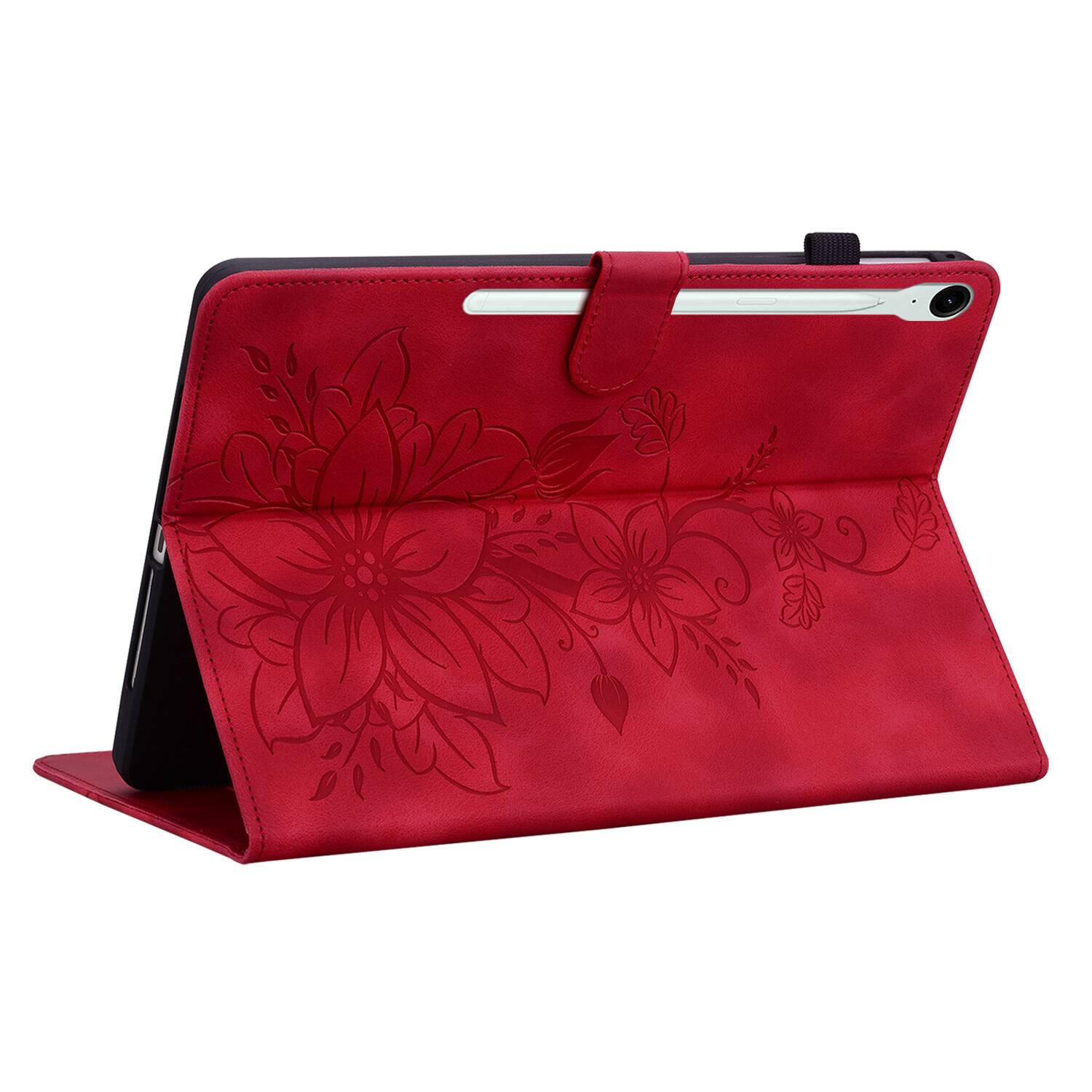 Left. Dteck - Case for Samsung Galaxy Tab S10 FE & S10 Lite and S9 FE & S9,Embossed Pattern PU Leather Flip Card Holder Stand Cover - Red.