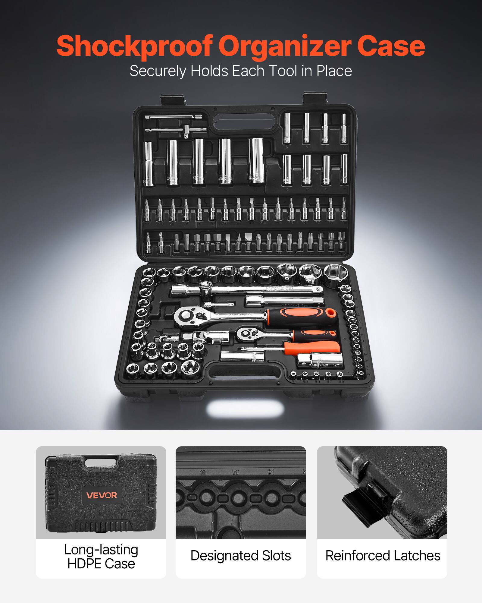 Shockproof Organizer Case  
Securely Holds Each Tool in Place  

12 20 21 2  

VEVOR  
Long-lasting HDPE Case  
Designated Slots  
Reinforced Latches