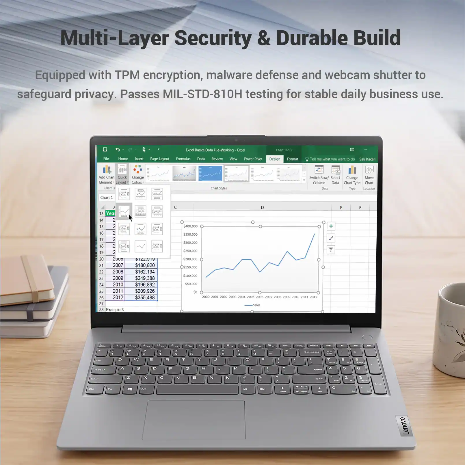 Multi-Layer Security & Durable Build  
Equipped with TPM encryption, malware defense and webcam shutter to safeguard privacy. Passes MIL-STD-810H testing for stable daily business use.