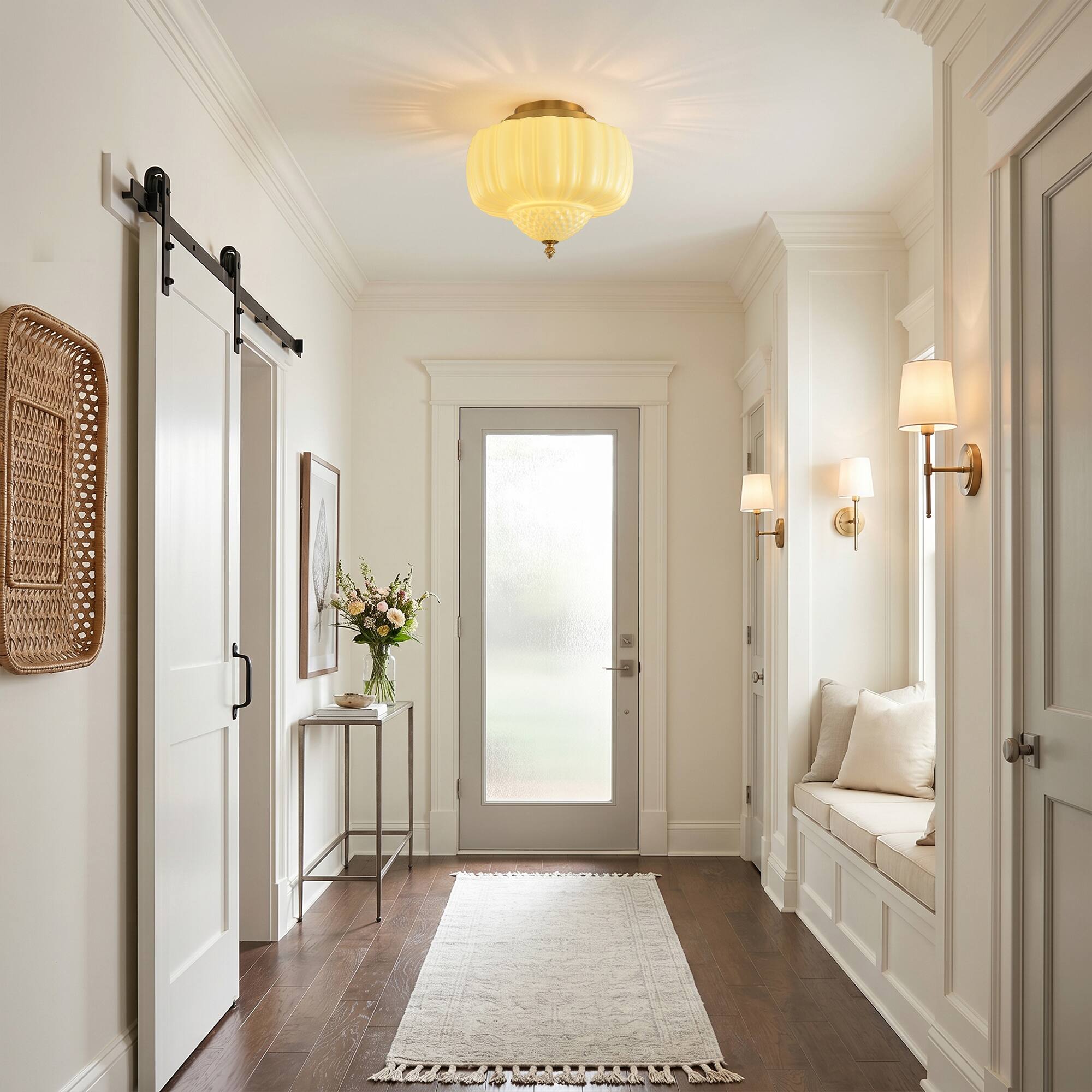 Left. Parrot Uncle - 13-Inch Vintage White Ribbed Opal Glass 3-Light Flush Mount Ceiling Light - Gold.