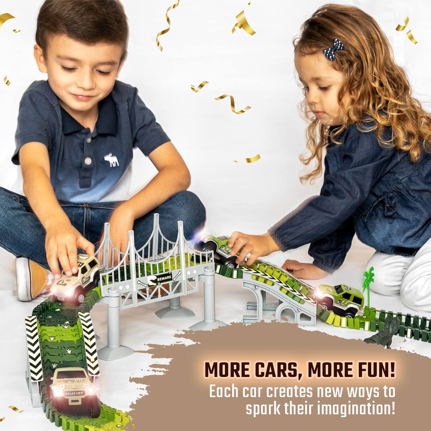 Sure, here is the corrected and grouped text from the image:

---

**MORE CARS, MORE FUN!**  
Each car creates new ways to spark their imagination!

---

**BEWARE**  
**MILITARY**