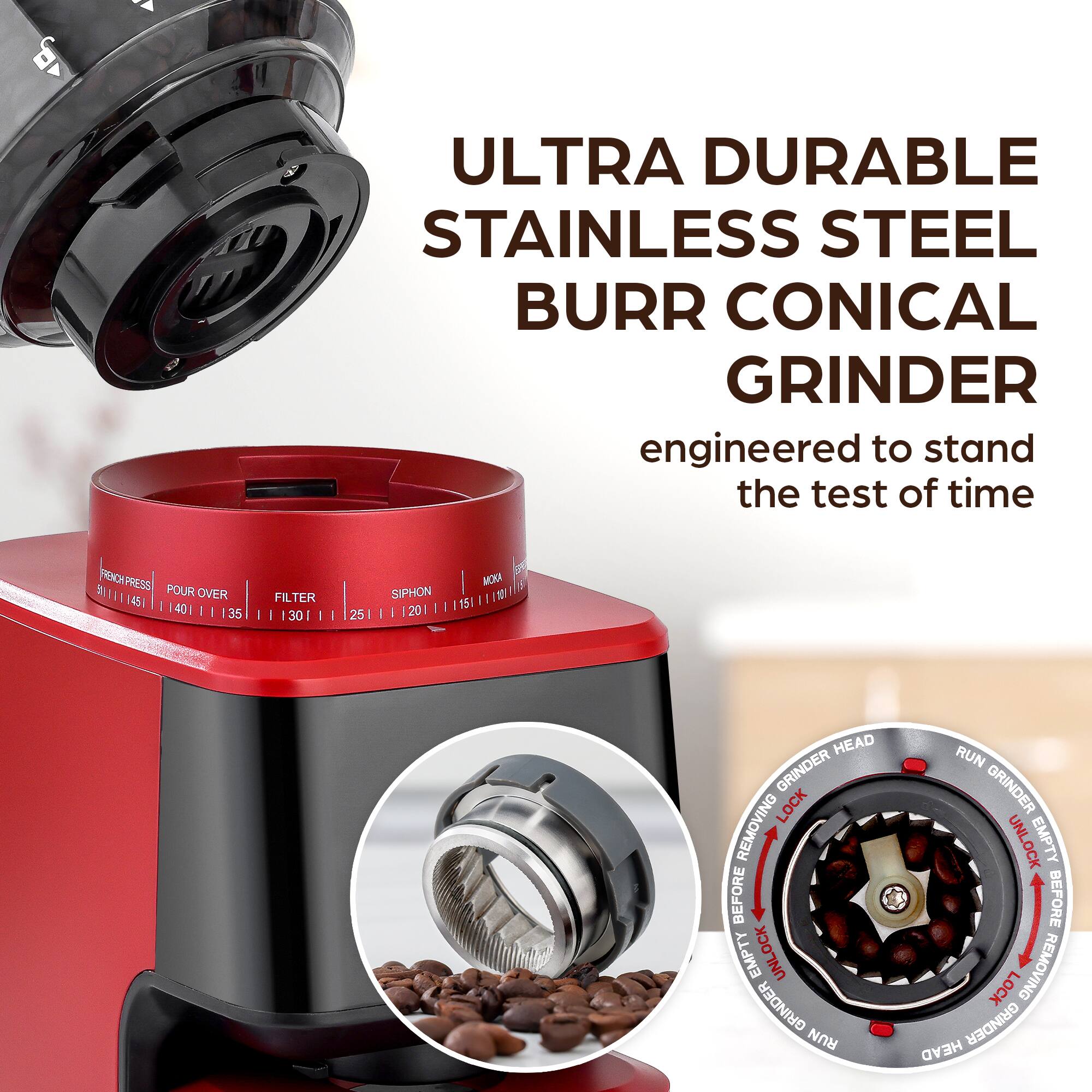 Alt View 2. Zulay Kitchen - Zulay Kitchen Conical Espresso Burr Coffee Grinder - Touchscreen, 51 Bean Grind Settings, Precision Electric Timer - Red.