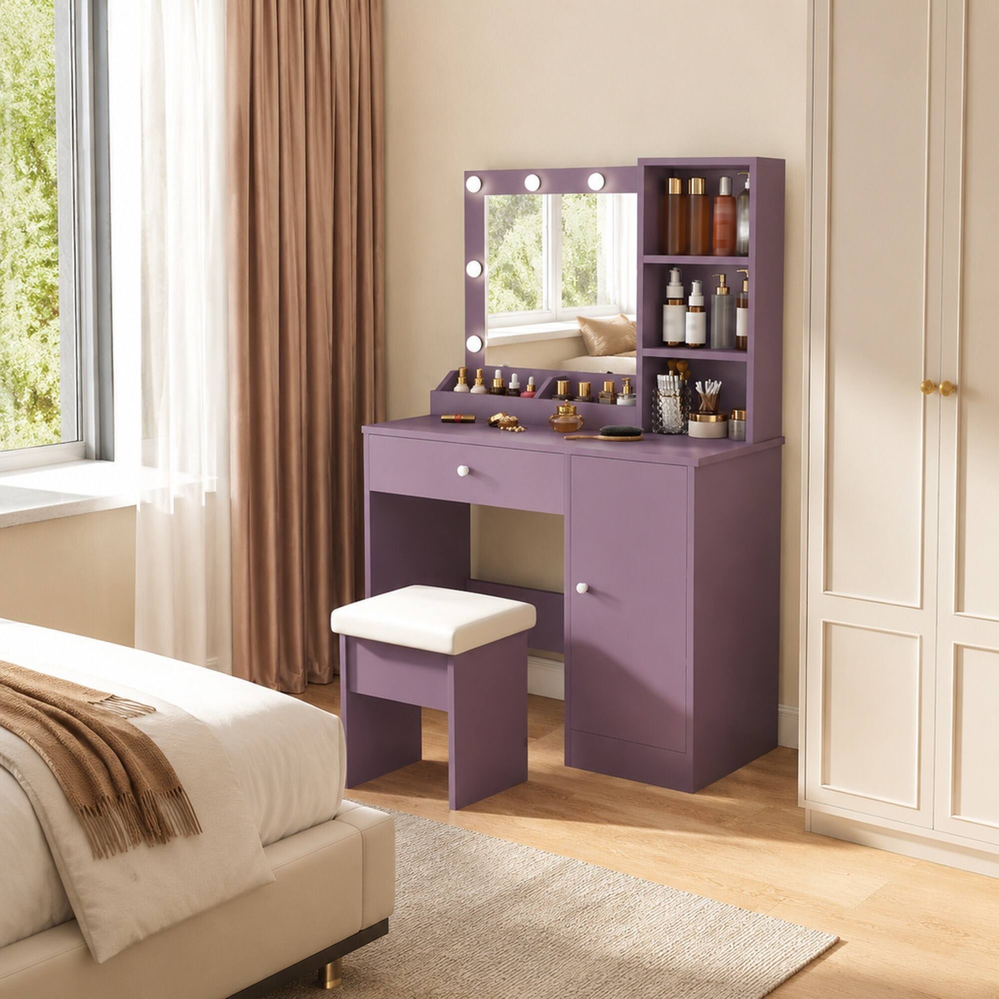 Angle. RYHNUYNE - Purple Vanity Desk Set, Padded Stool, Lighted Mirror, 8 Bulbs, 3 Color Modes, MDF, Drawer and Storage Locker - Purple.