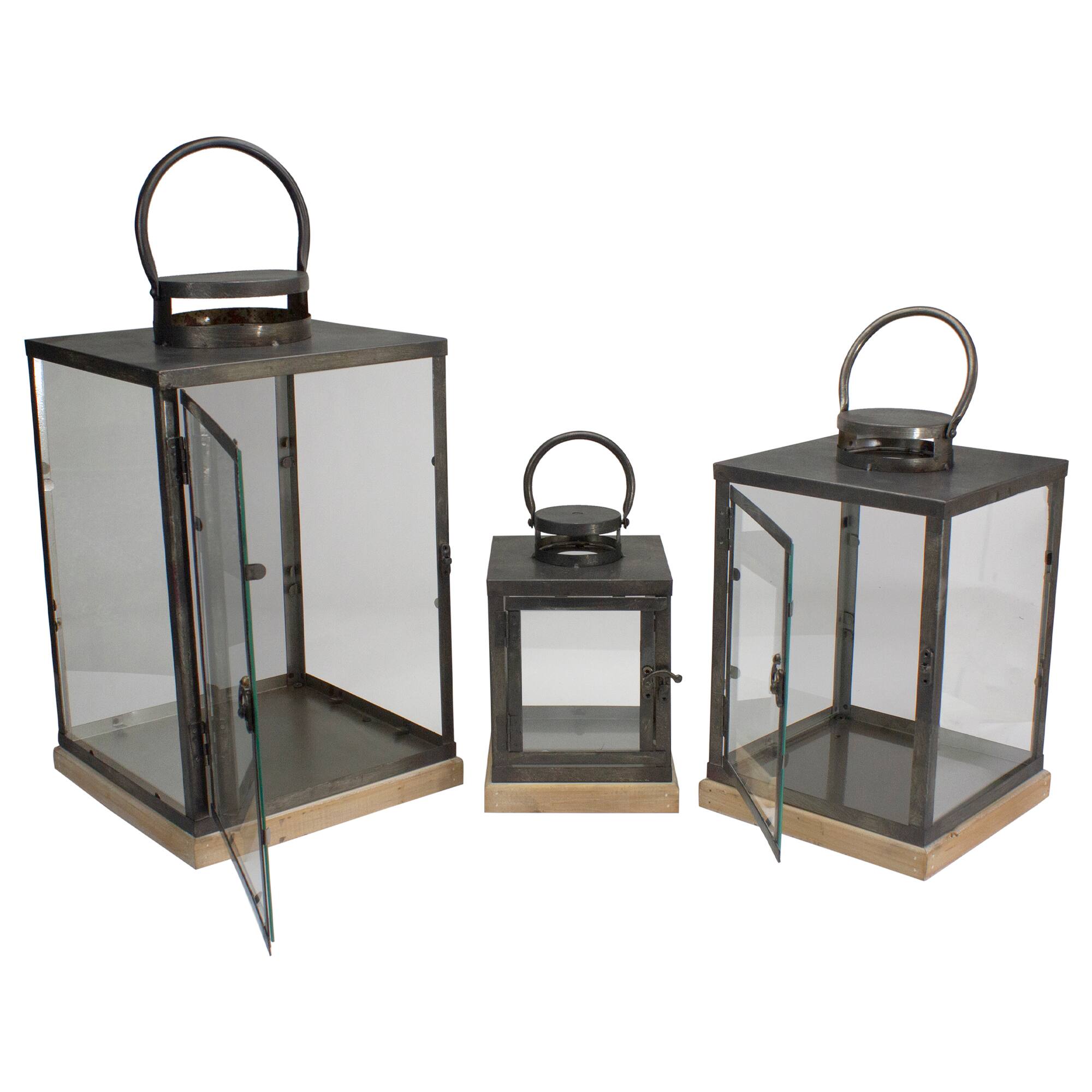 Alt View 3. Melrose - Set of 3 Bronze Glass Candle Lanterns With a Latch Hook Lock - 21" - Bronze.