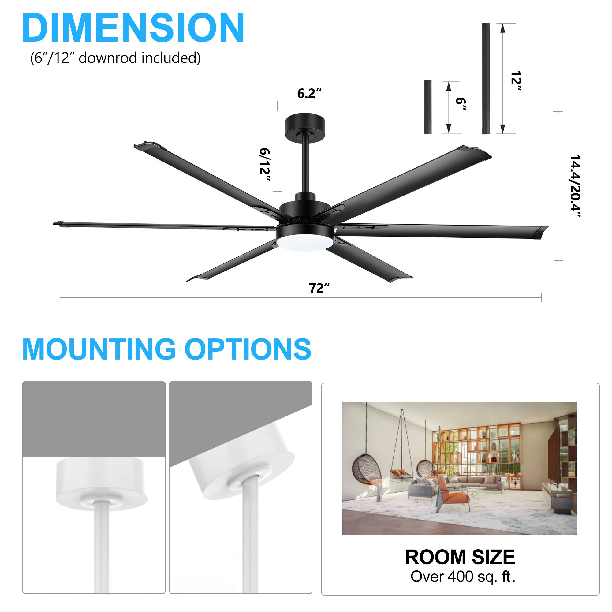 DIMENSION (6"/12" downrod included) 6.2" .9 12" 6/12" 14.4/20.4" 72" MOUNTING OPTIONS ROOM SIZE Over 400 sq. ft.