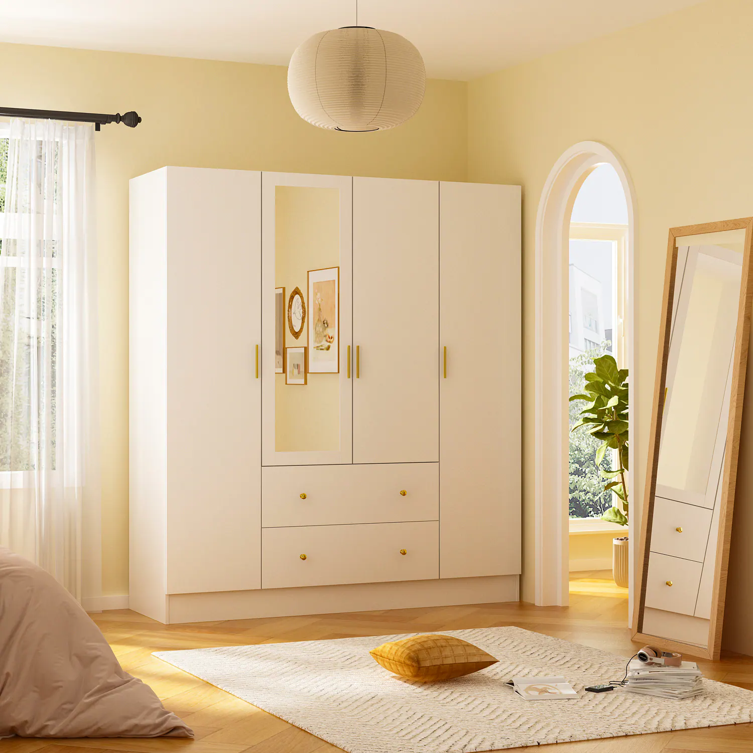 Front. Famapy - Wardrobe with Mirror and Aluminum Hanging Rod – Modern Closet with Drawers & Open Storage for Organized Clothes - White.
