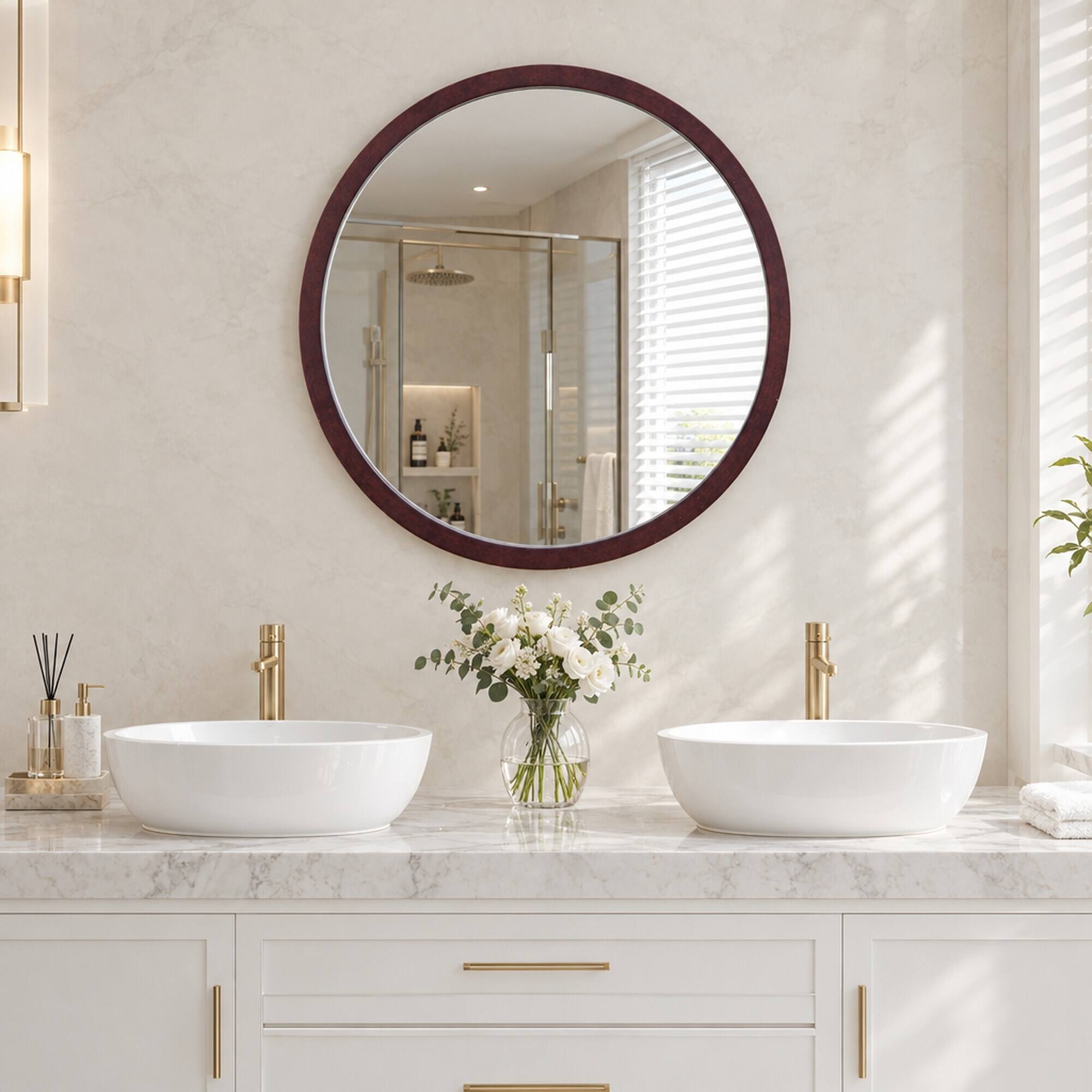 Back. RYHNUYNE - 20 in Round Wall Mirror, Walnut Finish Wood Frame, 4.2 lbs, Modern Circle Mirror for Living Room and Bedroom - Brown.