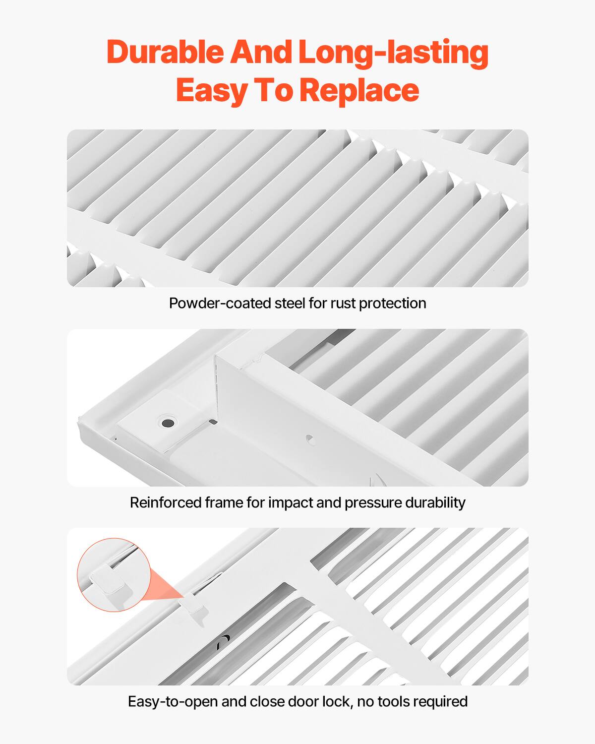 Durable And Long-lasting  
Easy To Replace  

Powder-coated steel for rust protection  

Reinforced frame for impact and pressure durability  

Easy-to-open and close door lock, no tools required