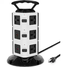 Dazzed Corner - Power Strip Tower, 10 Outlets, 6 USB (2 USB-C), 1875W/15A, 6FT Cord - Black