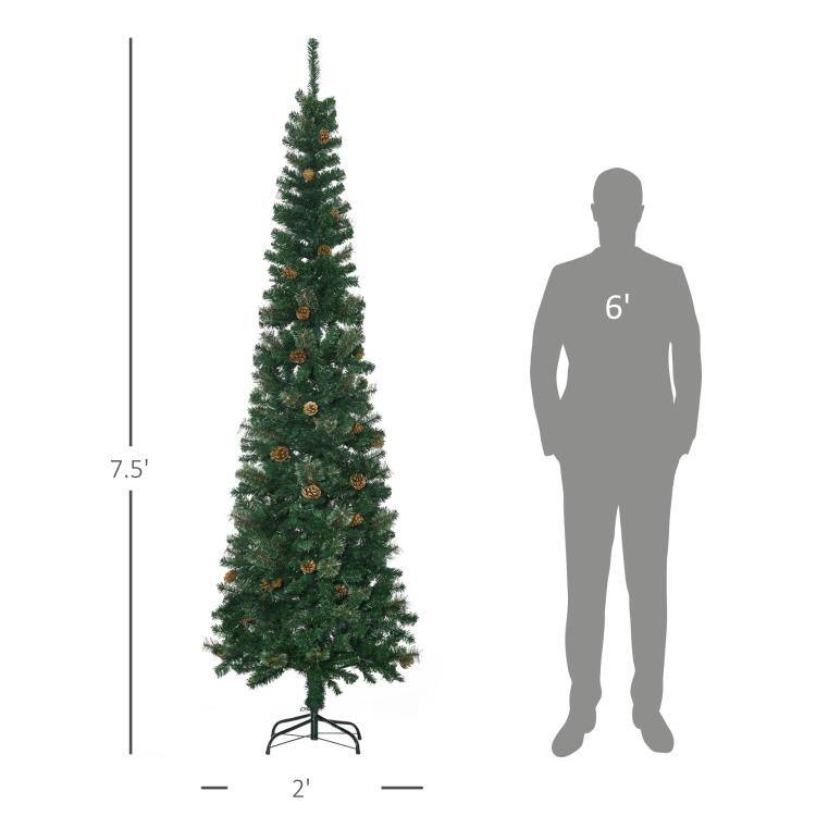 Alt View 3. PULUZ - 7.5 Foot Pencil Artificial Christmas Tree, Slim Pine Needles Xmas Tree with Realistic Branches, Pine Cones, Metal Base - Green.