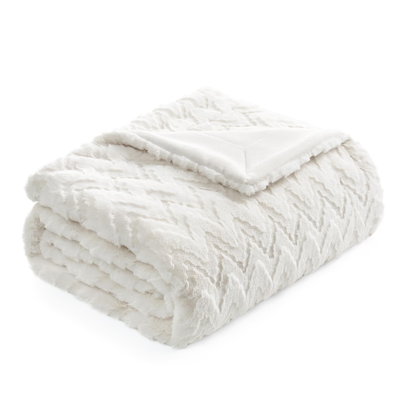 Front. ThinkLink Electronic - Faux Textured Throw Blanket For Bed Super Soft Fuzzy Couch Gift Women 3d Ribbed Jacquard All Season Use - Cream White Zigzag Twin(60" x 80").