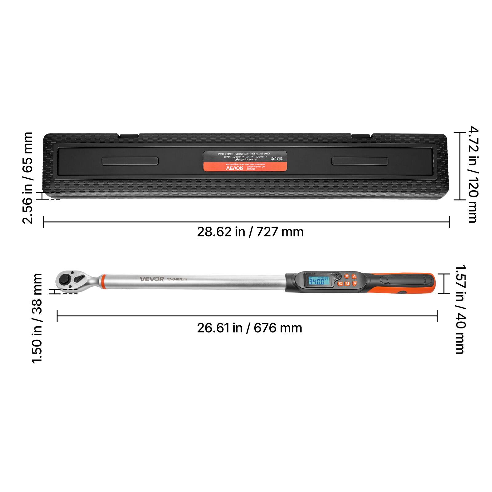mm 65 / in 2.56 I 1 - - i I O. - - -.. I - D0 | | ECH : 28.62 in / 727 mm 4.72 / in / 120 mm mm 38 / in 1.50 VEVOR 17-54N - 3400 26.61 in /676 / 676 mm COY - Y I 1.57 in / 40 mm