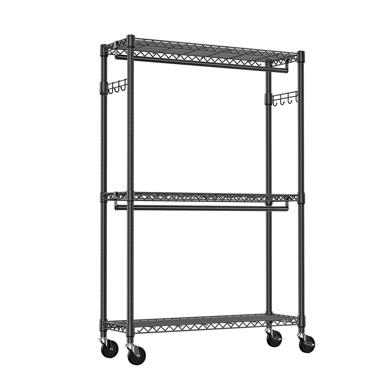 Angle. Mirfee - 3-Tier Rolling Garment Rack with Double Rods & Side Hooks, 79.6" H Heavy Duty Clothes Rack, Black Freestanding Wardrobe - Black.