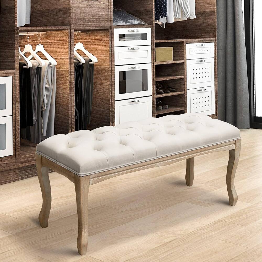 Alt View 4. Ropilly - Ropilly French Vintage Tufted Bedroom Bench, Upholstered Entryway End of Bed Ottoman Seat with Wood Legs, Beige - Beige.