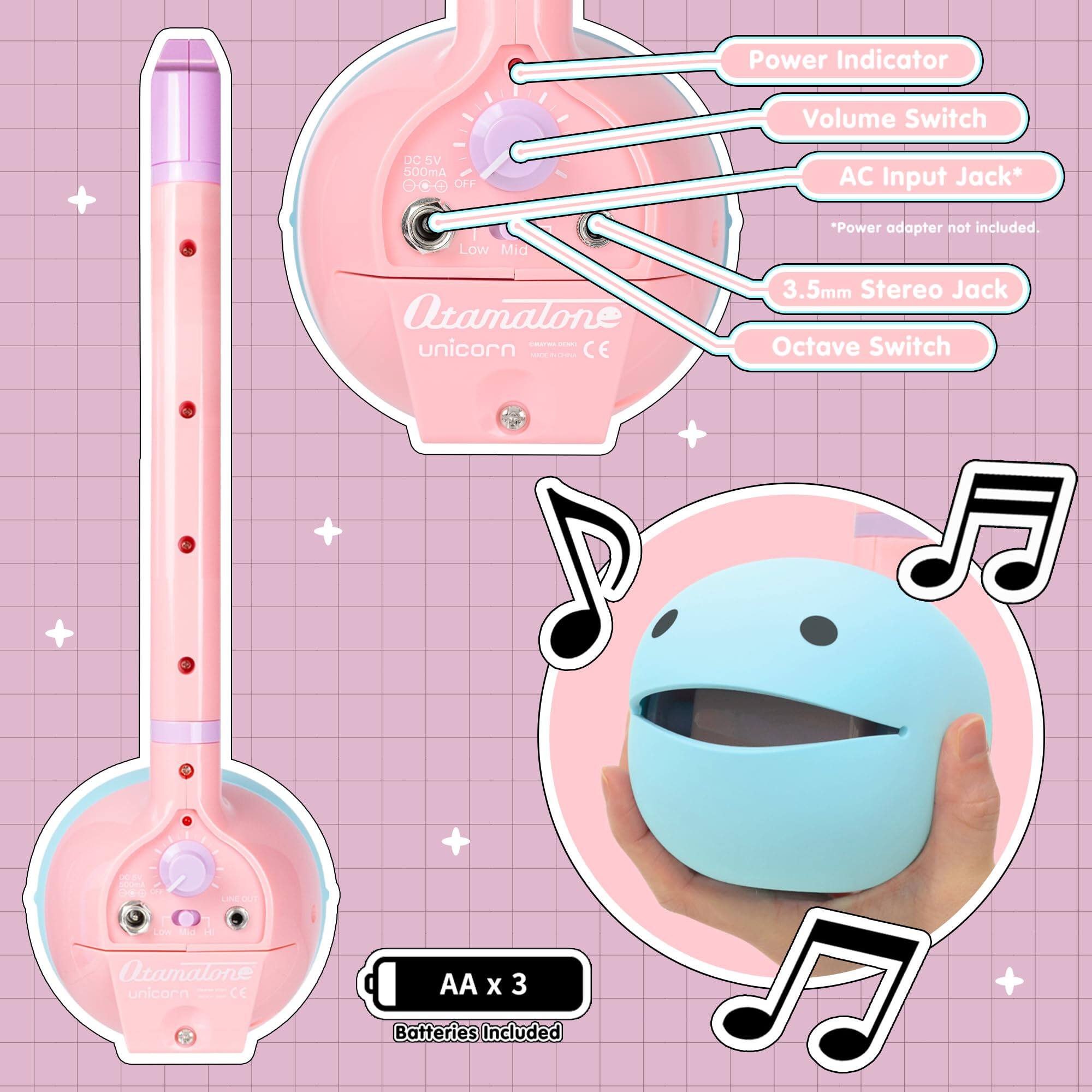 Power Indicator  
Volume Switch  
DC 5V  
AC Input Jack*  
Low Mid  
3.5mm Stereo Jack  
Octave Switch  

*Power adapter not included.  

AA x 3 Batteries Included  

Otamalone unicorn  
CE