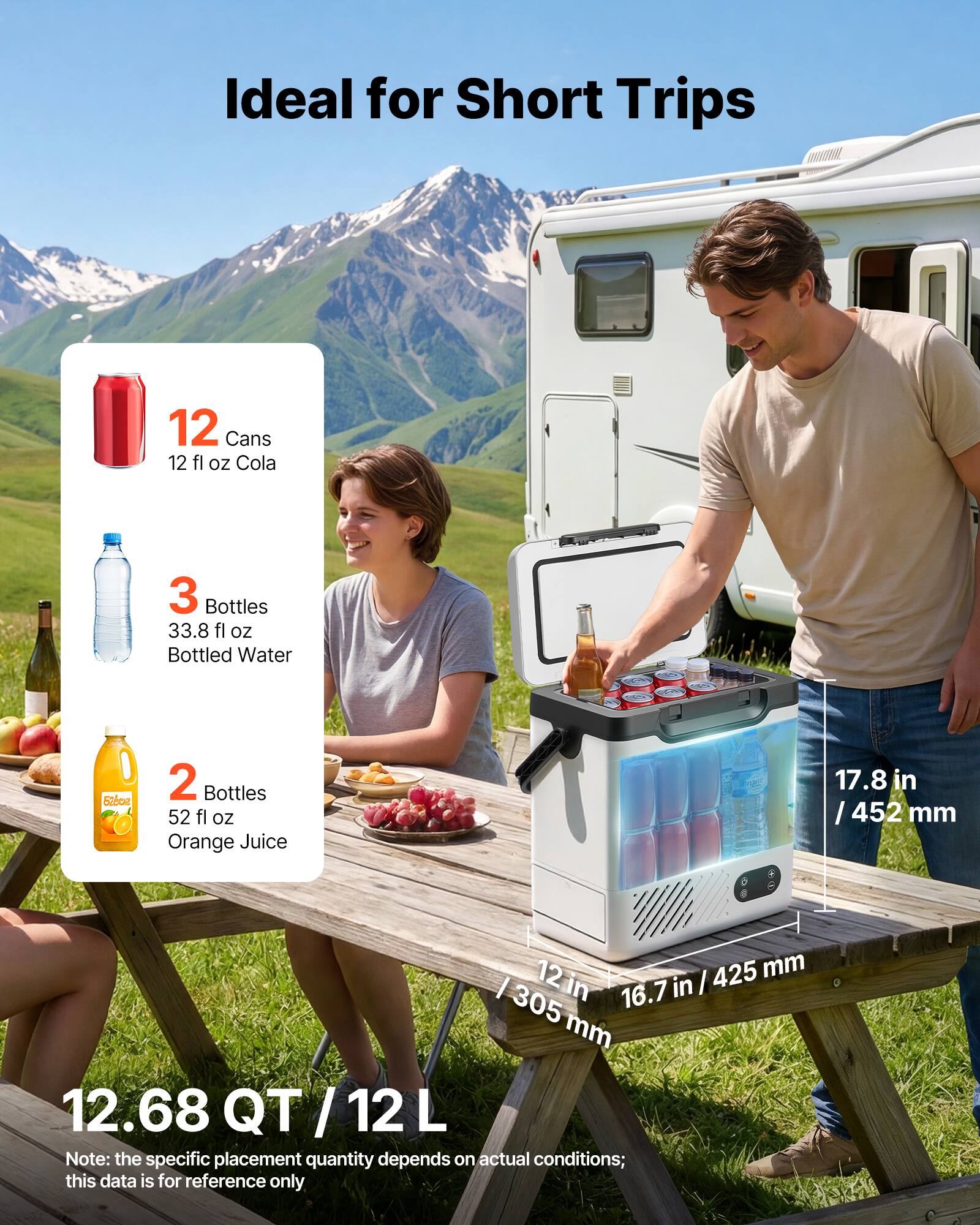 Ideal for Short Trips

12 Cans 12 fl oz Cola  
3 Bottles 33.8 fl oz Bottled Water  
2 Bottles 52 fl oz Orange Juice  

17.8 in / 452 mm  
12 in / 305 mm  
16.7 in / 425 mm  

12.68 QT / 12 L  

Note: the specific placement quantity depends on actual conditions; this data is for reference only