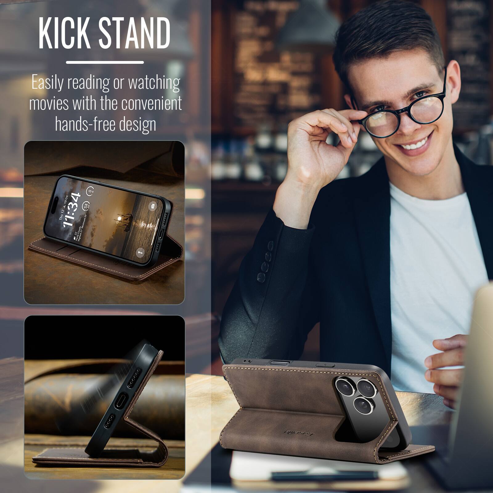 KICK STAND  
Easily reading or watching movies with the convenient hands-free design