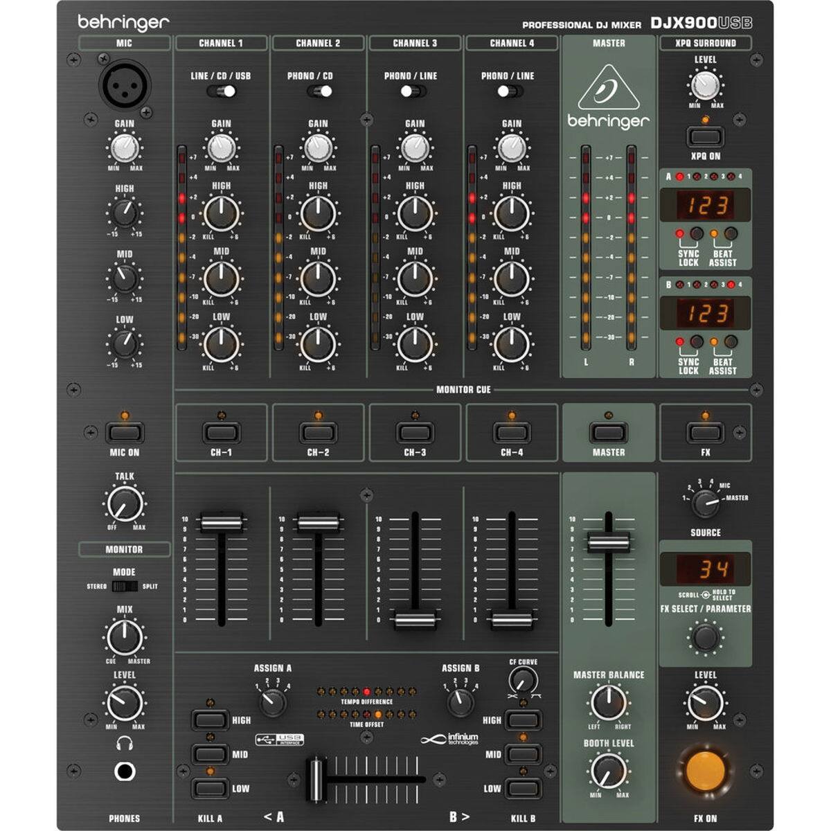Behringer Professional DJ Mixer DJX900USB

MIC CHANNEL 1 CHANNEL 2 CHANNEL 3 CHANNEL 4 MASTER

LINE / CD / USB PHONO / CD PHONO / LINE PHONO / LINE

GAIN GAIN GAIN GAIN

HIGH MID LOW HIGH MID LOW HIGH MID LOW HIGH MID LOW

XPG SURROUND LEVEL

XPO ON

SYNC BEAT LOCK ASSIST

MONITOR CUE

MIC ON CH-1 CH-2 CH-3 CH-4 MASTER FX TALK

SOURCE MONITOR

ASSIGN A ASSIGN B

FX SELECT / PARAMETER

MASTER LEVEL

MASTER BALANCE

BOOTH LEVEL

PHONES KILL A KILL B

FX ON

infinitium technologies
