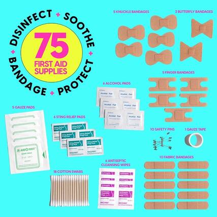 Sure, here is the corrected and grouped text from the image:
---
**75 FIRST AID SUPPLIES**
- **DISINFECT**
- 6 ALCOHOL PADS
- 6 ANTISEPTIC CLEANSING WIPES
- **SOOTHE**
- 6 STING RELIEF PADS
- **BANDAGE**
- 5 GAUZE PADS
- 5 KNUCKLE BANDAGES
- 2 BUTTERFLY BANDAGES
- 5 FINGER BANDAGES
- 10 FABRIC BANDAGES
- **PROTECT**
- 10 SAFETY PINS
- 1 GAUZE TAPE
- 18 COTTON SWABS
---