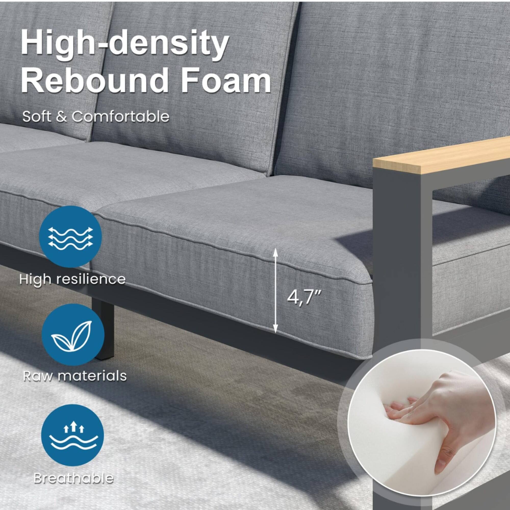 High-density Rebound Foam  
Soft & Comfortable  
High resilience  
4.7"  
Raw materials  
Breathable