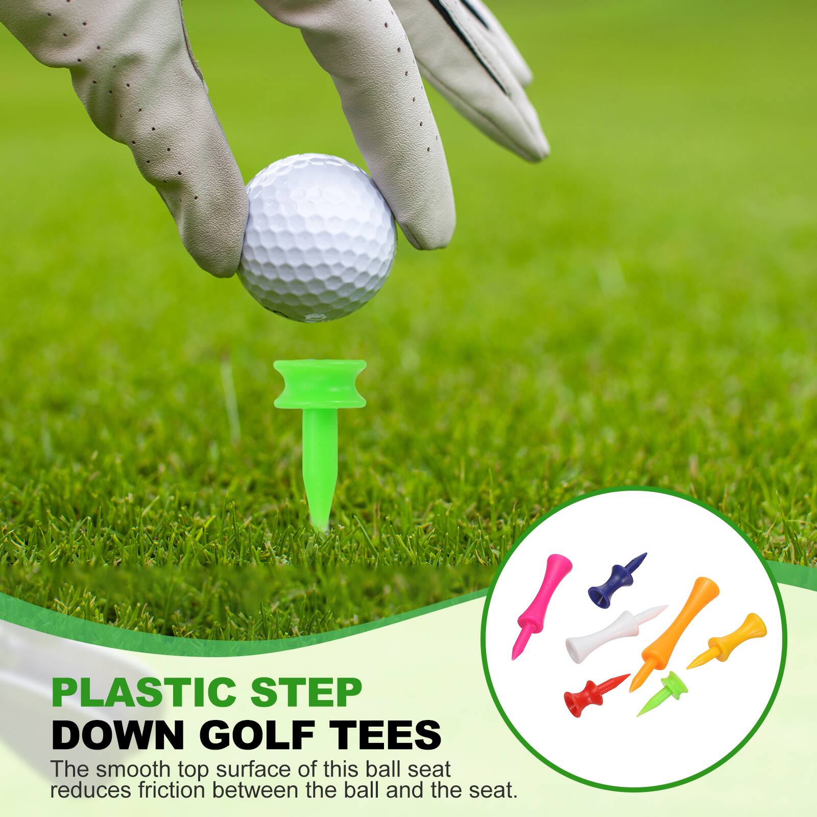 PLASTIC STEP DOWN GOLF TEES

The smooth top surface of this ball seat reduces friction between the ball and the seat.