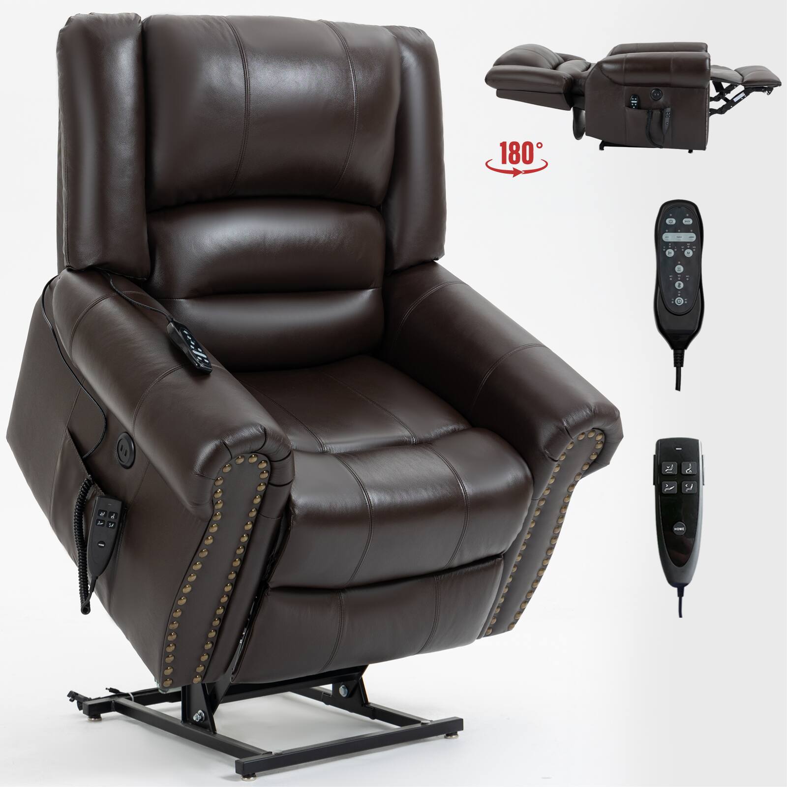LUCKY ONE - Leather Dual Motor Power Lift Recliner Chair with Massage and Heat, USB, Side Pocket, Infinite Position, Power-Remote - Antique Brown price history on PriceWatchPro
