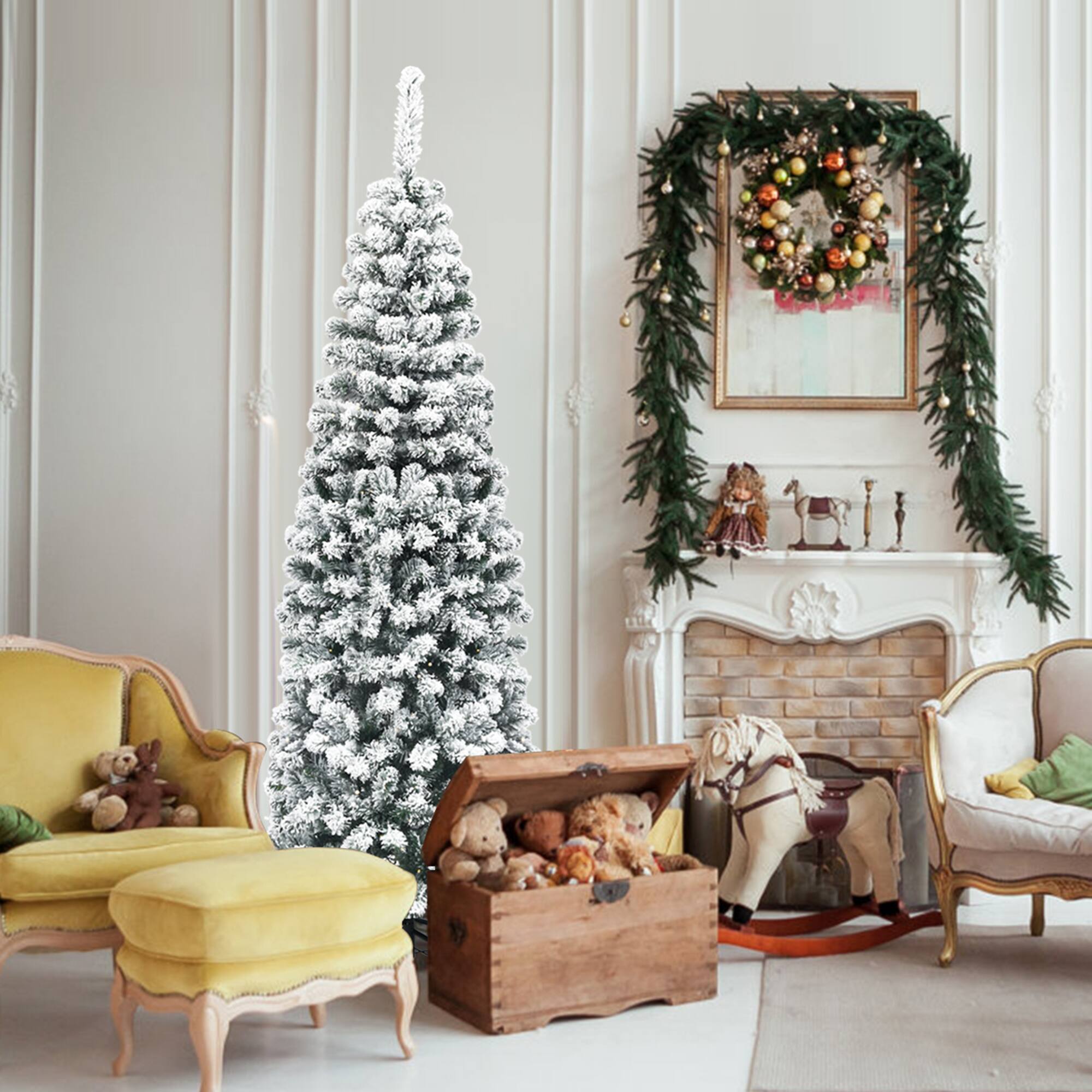 Alt View 3. Gymax - Gymax 6ft Snow Flocked Pencil Christmas Tree Artificial Pine Tree w/ Metal Stand - Green + White.