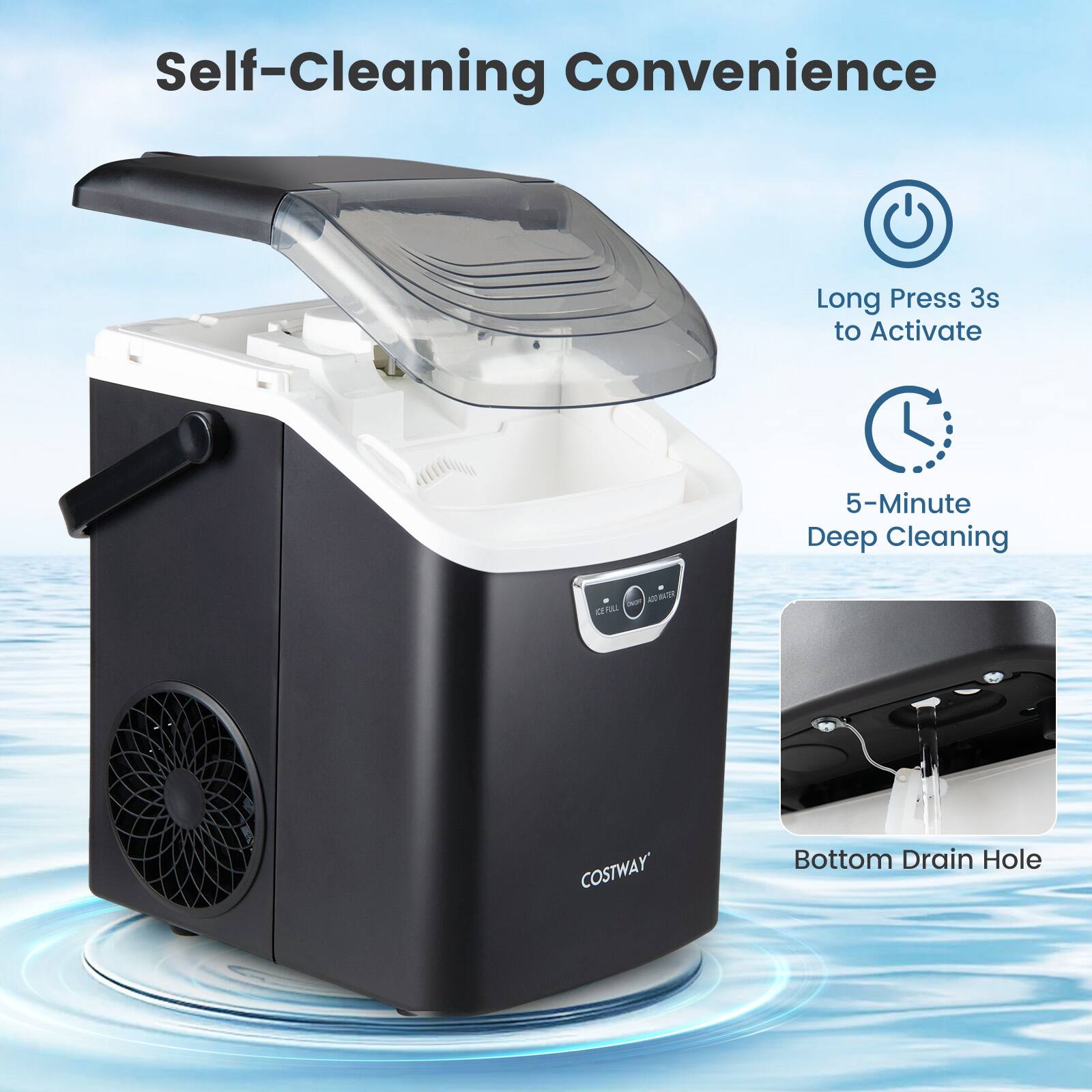 Self-Cleaning Convenience

Long Press 3s to Activate

5-Minute Deep Cleaning

Bottom Drain Hole

COSTWAY