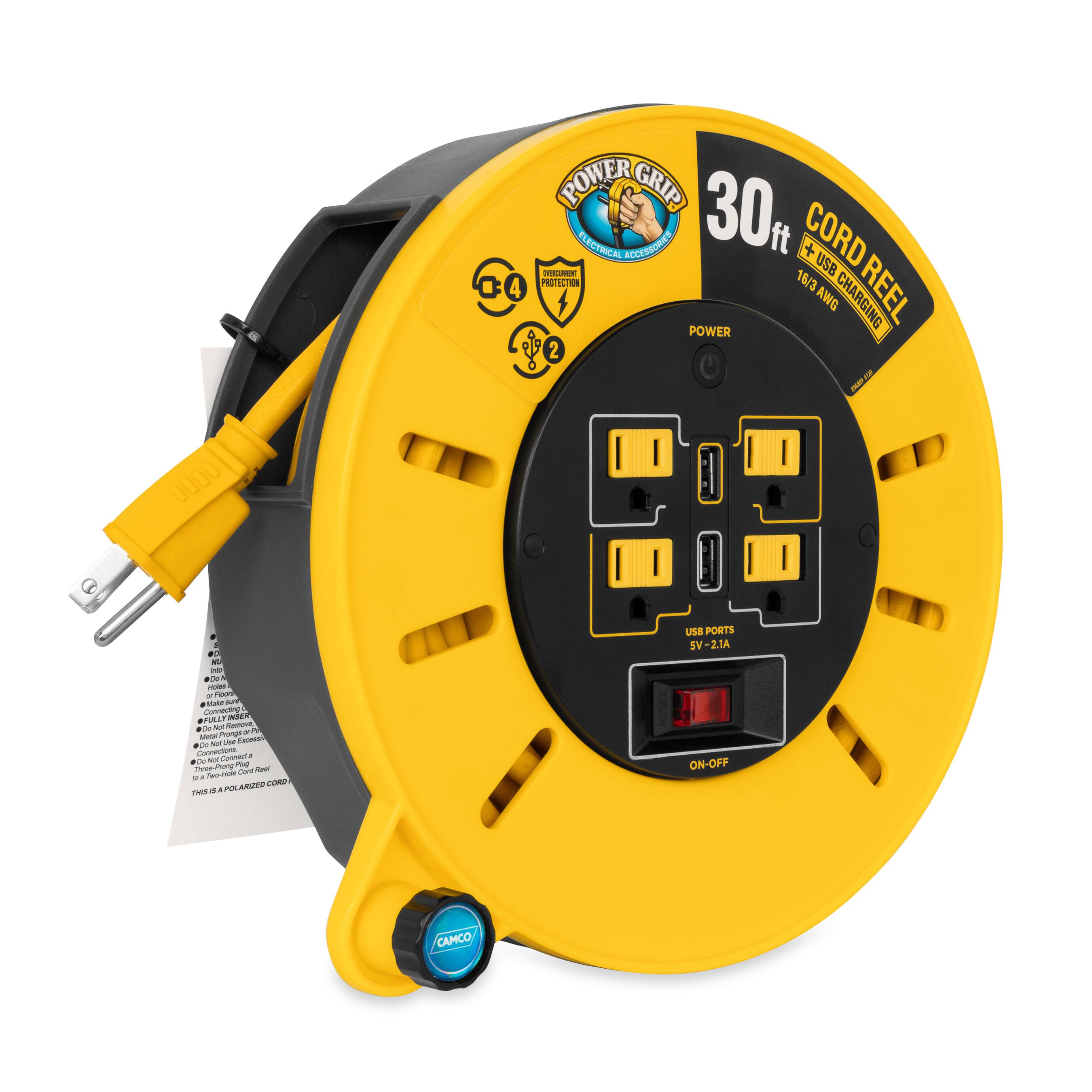 = 4 POWER GRIP ELECTRICAL ACCESSORY 30 CORD + USB PROTECTION 16/3 REEL QWA CHARGING POWER 2 1 - + P N - PUS - 4 - - i iate Au - - Pra nda CU - - - - - L Cansues ie Cdma - - N Comaua - - N Py d Contt - - AoTde - - PARUEO C - USa PORTS SV-2.1A ON-OFF CAMCO