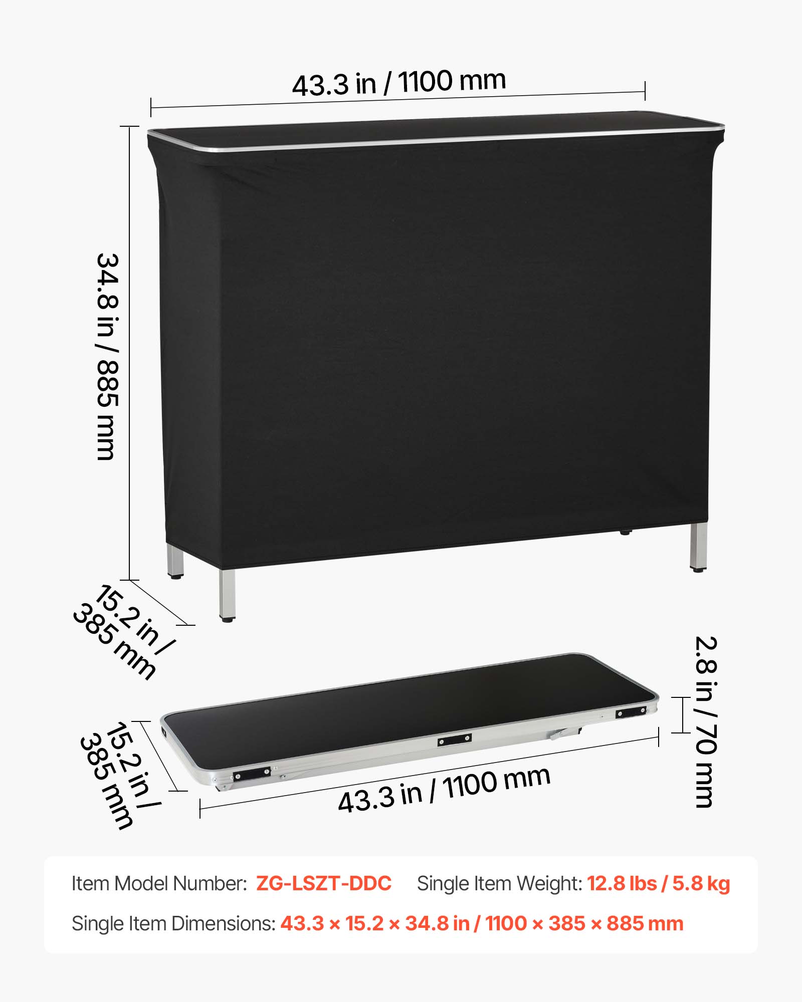 43.3 in / 1100 mm  
34.8 in / 885 mm  
15.2 in / 385 mm  
2.8 in / 70 mm  

Item Model Number: ZG-LSZT-DDC  
Single Item Weight: 12.8 lbs / 5.8 kg  
Single Item Dimensions: 43.3 x 15.2 x 34.8 in / 1100 x 385 x 885 mm