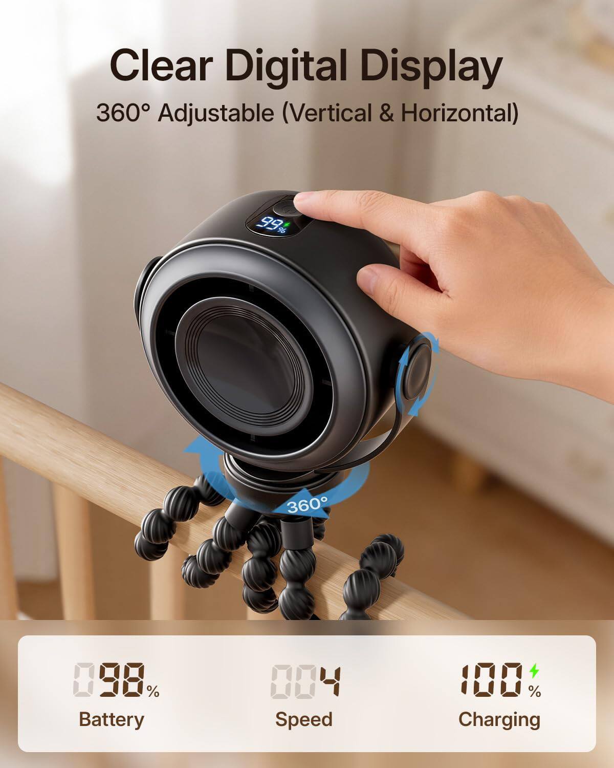 Clear Digital Display  
360° Adjustable (Vertical & Horizontal)  
99%  
98%  
Battery  
004  
Speed  
100%  
Charging
