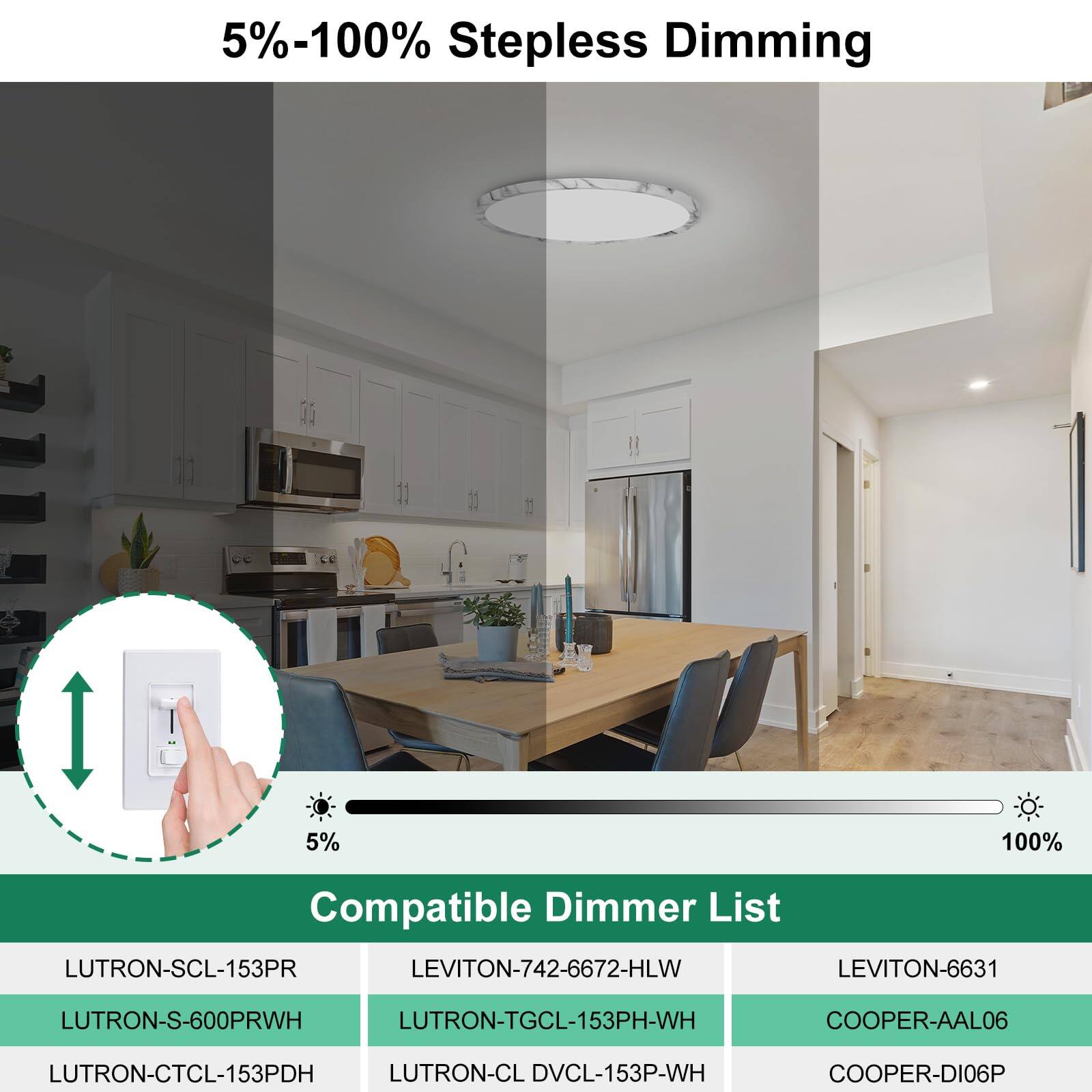5%-100% Stepless Dimming

Compatible Dimmer List

- LUTRON-SCL-153PR
- LUTRON-S-600PRWH
- LUTRON-CTCL-153PDH
- LUTRON-CL DVCL-153P-WH
- LEVITON-742-6672-HLW
- LEVITON-6631
- LUTRON-TGCL-153PH-WH
- COOPER-AAL06
- COOPER-DI06P