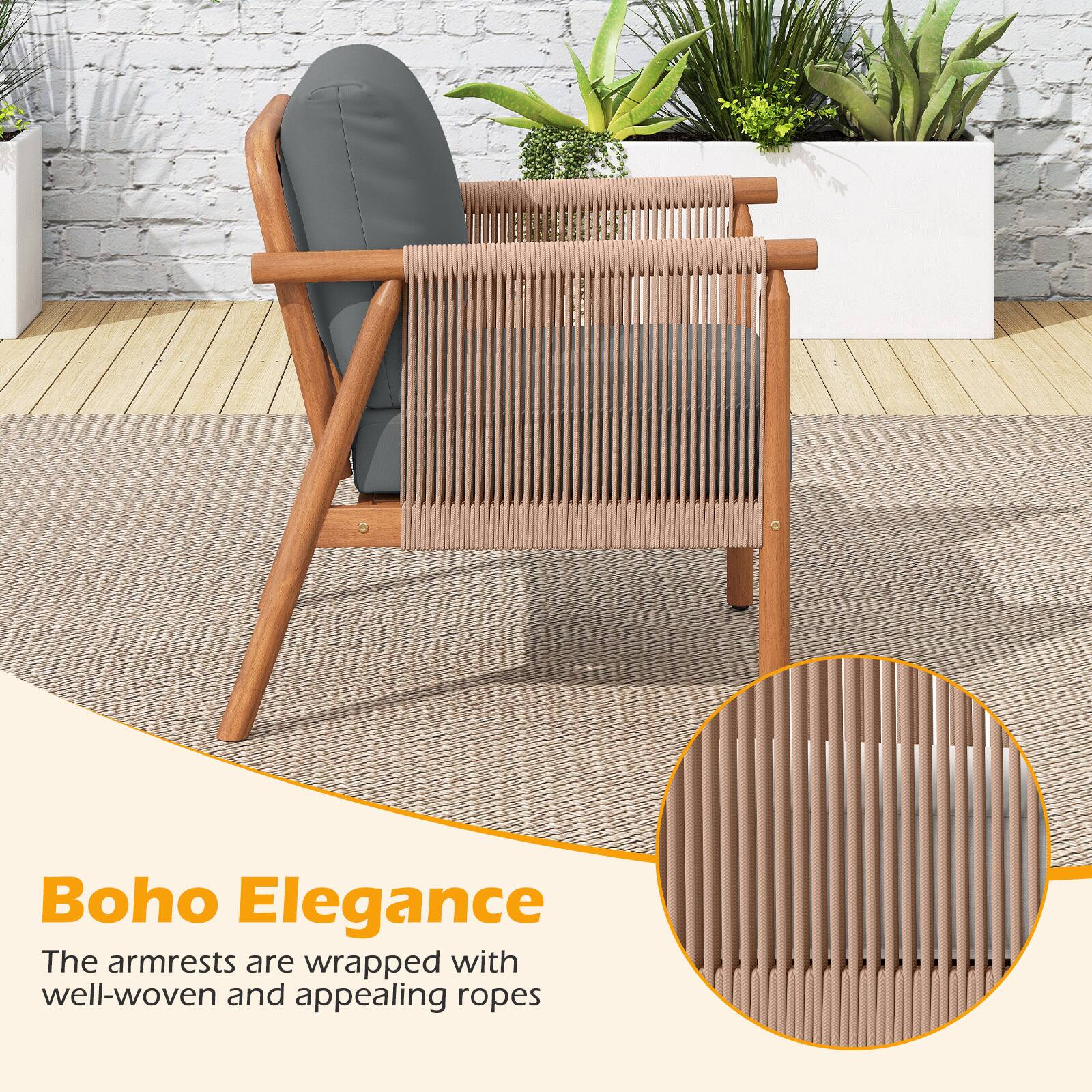 Boho Elegance  
The armrests are wrapped with well-woven and appealing ropes