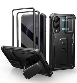 dexnor - for Samsung Galaxy S25 Edge Case with Camera Cover&2 Front Frames & Built-in Screen Protector & Kickstand,Blcak - Black