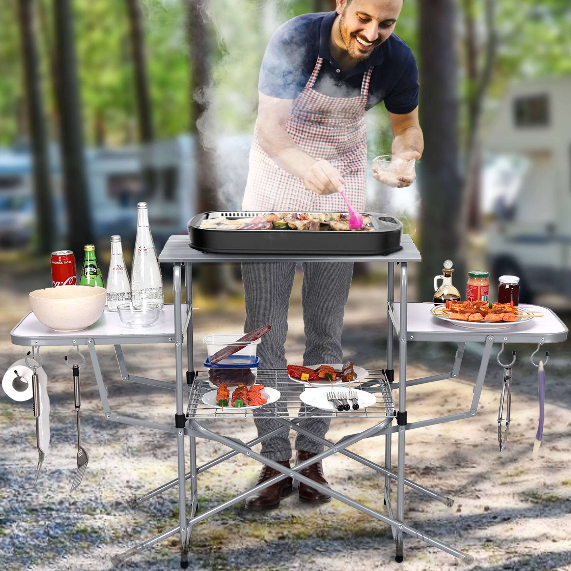 Angle. Costway - Foldable Camping Table Outdoor Kitchen Portable Grilling Stand Folding BBQ Table - light gray.