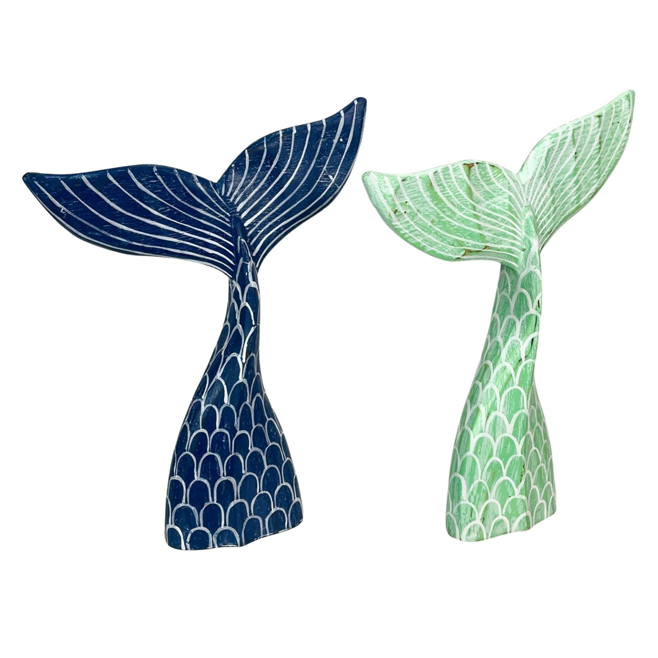 Alt View 1. Things2Die4 - Set of 2 Wood Mermaid Tail Sculptures 13.75" Turquoise & Navy Blue Decor - Green/Blue.