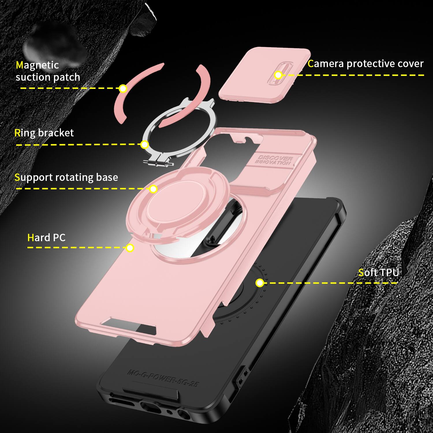 Magnetic suction patch  
Camera protective cover  
Ring bracket  
Support rotating base  
DISCOVER INNOVATION  
Hard PC  
Soft TPU  
MO-G-POWER-5G-25
