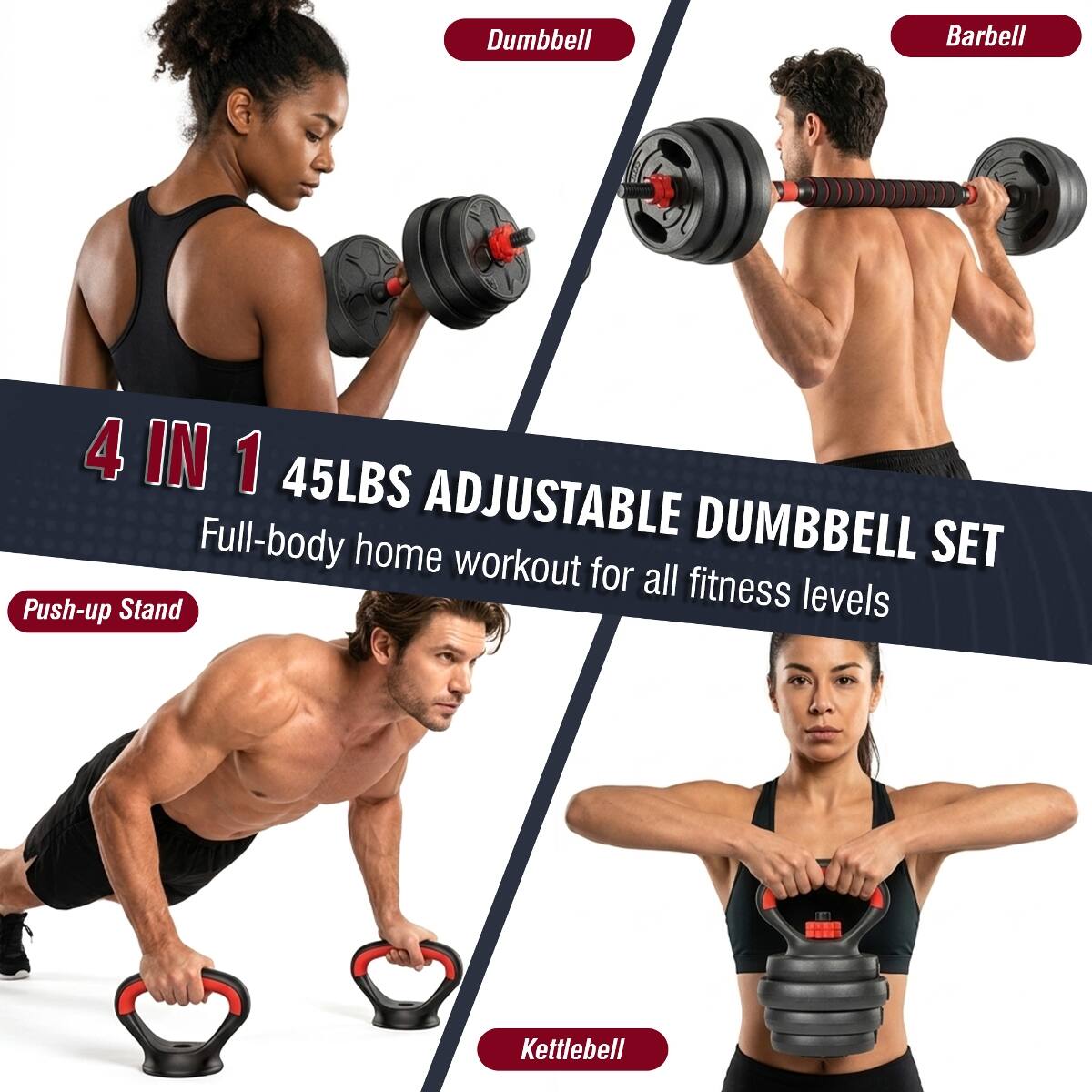 Dumbbell Barbell 4 IN 1 45LBS ADJUSTABLE Full-body home workout for all fitness levels Push-up Stand Kettlebell
